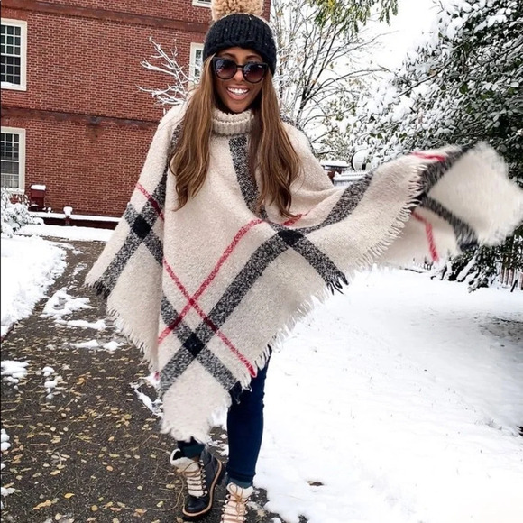 ONE size tartan plaid knit sweater cape - Picture 1 of 6